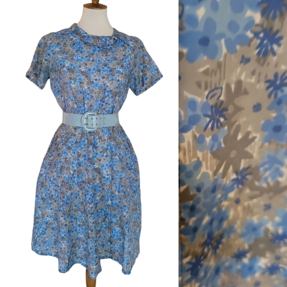 1950's Blue Ditzy Floral A Line‎ Handmade Day Dress - Picture 1 of 8